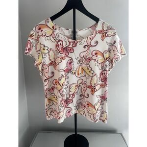 Talbots Butterfly Print Top Women's M Pink Orange‎ Stretch Tee Cute